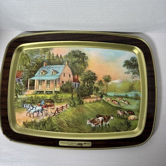 Lot of 2 American Homestead Summer & Autumn Hand Painted Wooden Tin Trays Plates - Picture 7 of 14